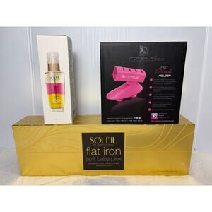 Soleil Baby Pink Ceramic Flat Iron, Trio Oil & Holder Bundle